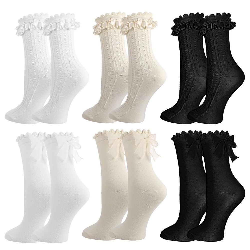 6 Pairs Lace Ruffle Crew Socks for Women, Cute Bow Cotton Princess